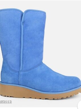 UGG Amie Skyline Blue Suede Fur Wedge Boots Womens Size 7.5